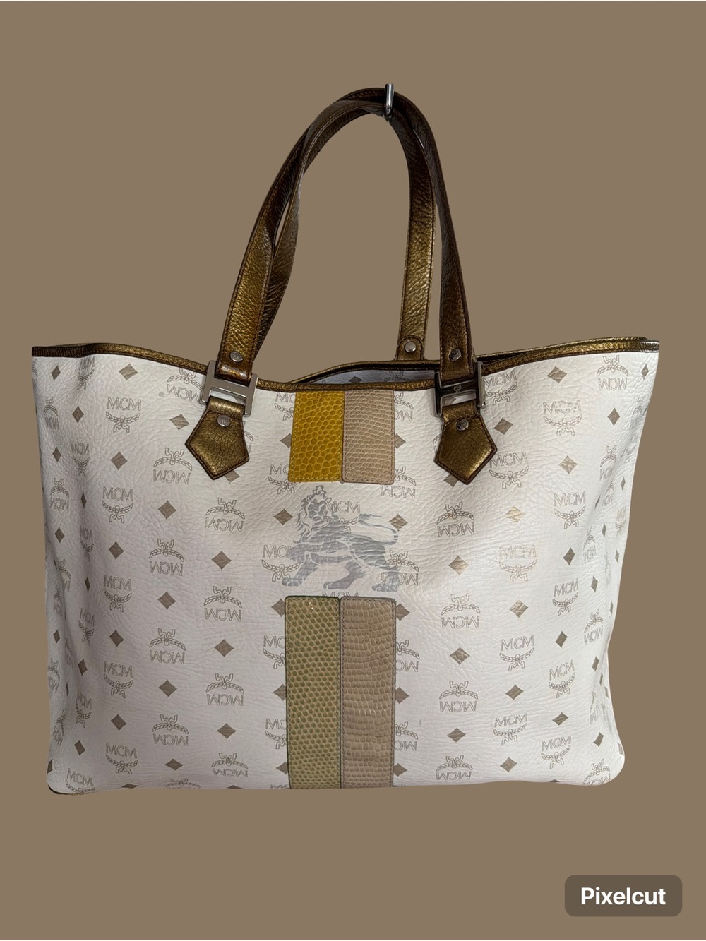 Authentic MCM White Coated Canvas Tote with Brown and Mustard Accents Travel Bag